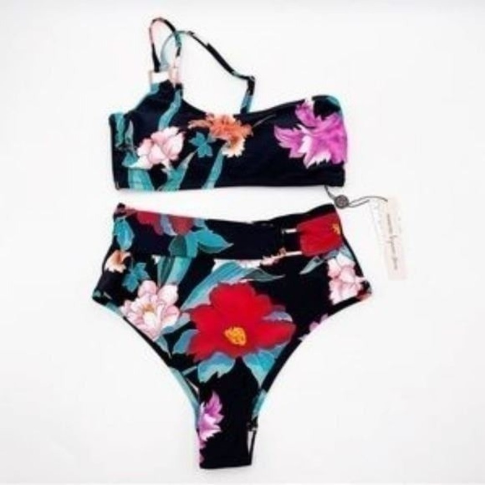 Nanette Lepore Aster Asymmetrical Bikini Swimsuit Set high waist‎ size 10 new!!